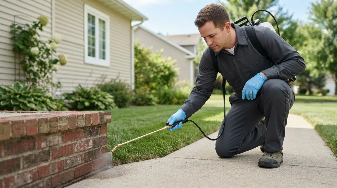 Pest control technician treating a home near Weaver, AL